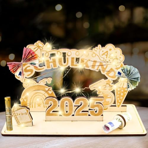 Einschulung Geldgeschenk aus Holz mit LED Lichterkette - Endlich Schulkind - Einschulungsgeschenk für Junge Mädchen, Schulanfang Geld Geschenk Tischdeko mit ABC 123 Kreative Schultüte Füllung (DIY)