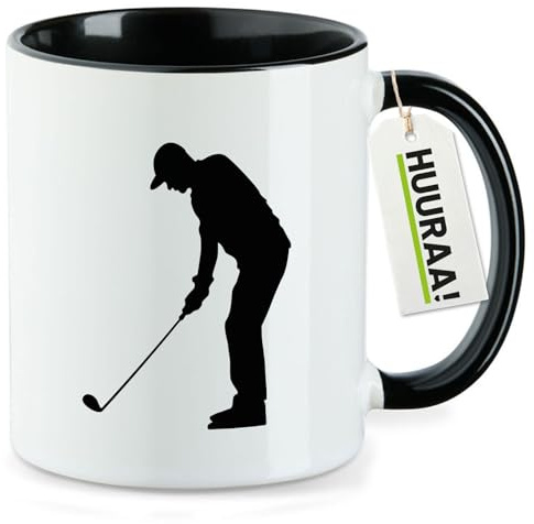 Huuraa Kaffeetasse Golf Silhouette Geschenk | Motivtasse 330ml Schwarz Keramik Tasse mit Spruch Kaffeebecher Geschenkidee Becher mit Motiv