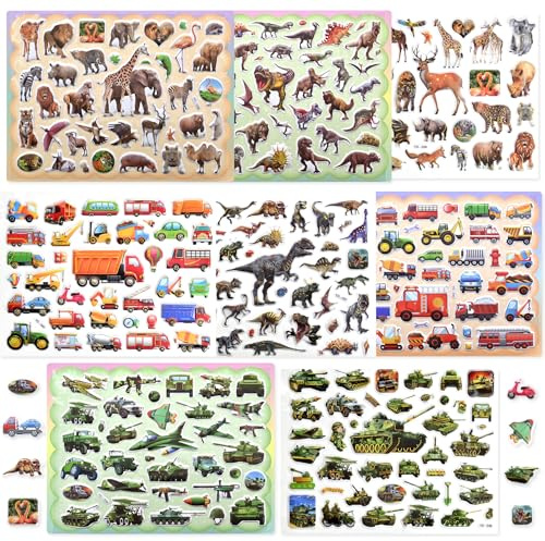 SAYHALO 3D Aufkleber für Kinder & Kleinkinder, 294 Geschwollen Stickers, Niedliche Verschiedene Set en, Landtiere, Autos, Dinosaurier mehr (8 Bogen)