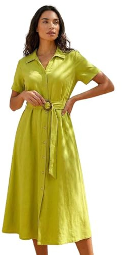Roman Shirt Dress for Women UK Ladies Short Sleeve Sleeveless Belted Collared Midi Maxi Summer Spring Smart Casual Button Evening Office A Line Swing Skater - Lime - Size 12