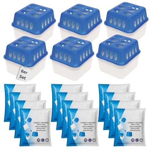 Luftentfeuchter ohne Strom Entfeuchter Box Wiederverwendbar Nachfüllbar Granulat für Bad Keller Wohnmobil mit 400g Nachfüllpacks & HLKauf-Block (6er Luftentfeuchter, 12er Nachfüllpacks & HLKauf-Block)