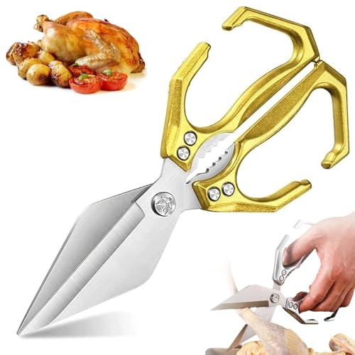 Seattleget Multifunktionale Hochleistungs-Küchen-Schere, scharfe Edelstahl-Geflügelschere, Hochleistungs-Knochen-Schere, zum Schneiden von Geflügel, Fleisch und Meeresfrüchten,Gold