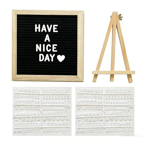 Changeable Felt Letter Board, 20x20 Cm Black Felt DIY Message Board with 340 White Letters Numbers Emojis Oak Frame Announcements with Wooden Stand