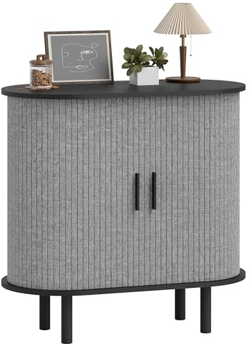 HOMCOM Fluted Sideboard with Tambour Sliding Doors, Modern Storage Cabinet, Kitchen Cupboard with Storage Shelves and Wooden Legs for Living Room, Dining Room, Grey