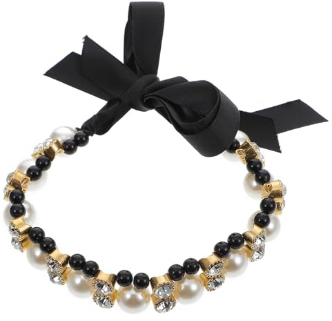 VALICLUD Black M Pet Collar Satin Ribbon and Pearl Bow Tie, Decorative Necklace for Cats and Dogs, Suitable for Pet Photography and Daily Wear