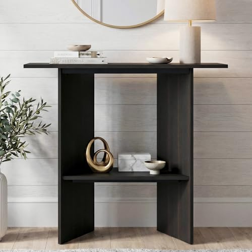 Manroa Schmaler Konsolentisch Schwarz Holz 80 cm Breit,Console Table,Flurtisch hinter Sofa,Beistelltisch Hoch,Schmaler Sofatisch für Wohnzimmer,Flur,Modern Stil(Bräunlich-schwarz)