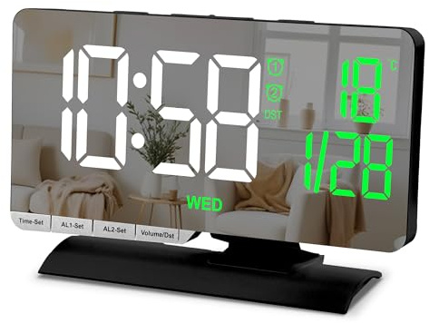 Digitaluhr,Wecker für den Nachttisch,7,3“Großes LED-Spiegeldisplay mit Datumsanzeige,Temperaturanzeige,Dual-Alarm mit 3 Modi,Helligkeitsregelung,USB-C-Ladeanschluss,5 Lautstärkestufen,für Schreibtisch