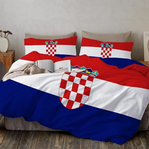 MULERN Kroatien Flagge Bettbezug - Patriotisch Bettwäsche 220x240cm, für Männer Erwachsene, Weich Leicht Bettdeckenbezüge mit Reißverschluss und 2 Kissenbezug