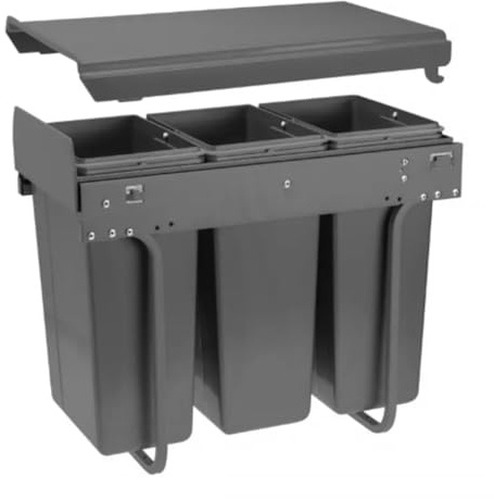 Integrated Pull Out Waste Bin for Kitchen Unit 300mm Recycling 30L Soft Close Anthracite Grey Cupboard Rubbish Segregation Lidded (3x 10L)