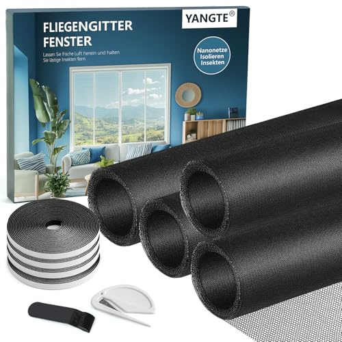 YANGTE 4 Stück Fliegengitter für Fenster - 130 x 150cm Schwarz Insektenschutz Fenster mit Gesteigerte höherer Klebkraft Klettband, Fliegengitter Fenster Ohne Bohren