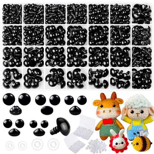 1000 PCS 6-14mm Sicherheitsaugen und -nasen zum Häkeln, schwarze Kunststoff-Sicherheitsaugen mit Unterlegscheiben, Bastelpuppenaugen für Stofftiere, DIY-Zubehör, Sicherheitsaugen für Amigurumi