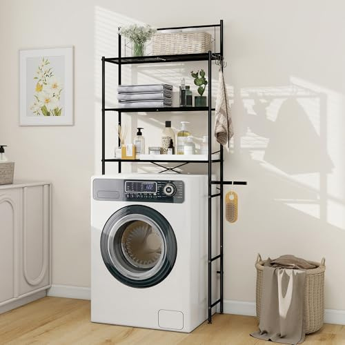 MallCreaty waschmaschinenschrank,Toilettenregal, 3-stufig Waschmaschinenregal, Handtuchhalter，platzsparend für das Badezimmer, über der Toilette, Metall，einfach zu montieren，65x167x24cm(schwarz)