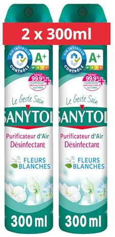 Sanytol - Désinfectant Purificateur d'Air - Fleurs Blanches - 300 ml - Lot de 2 - Purifie l’Air - Bactéricide, Virucide, Fongicide - Sans Résidus Agressifs - Ne Tache Pas, Sans Gaz Propulseur