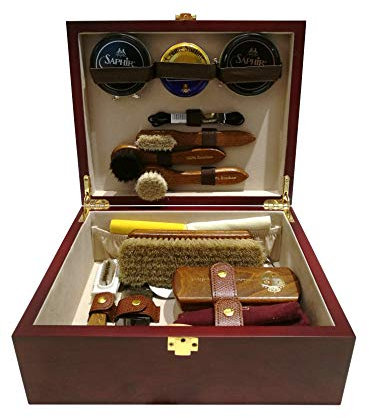 Hebold am Hegelhaus SAPHIR Plus longtemps et Messmer Coffret à cirage avec Placage en bois rose Boîte de cirage de chaussure et Lot entretien chaussure avec gravure