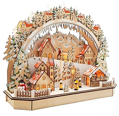 Wichtelstube-Kollektion Holzkunst LED Schwibbogen Bergdorf Schwippbogen Lichterbogen Echtholz Weihnachtsdeko Fenster, Batteriebetrieben mit Timer, 45cm Breite