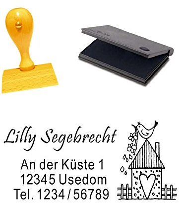 Holzstempel mit Adresse « VOGELHAUS » inkl. Stempelkissen - Abdruckgröße ca.: 5x3 cm