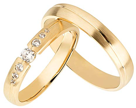 Ardeo Aurum Trauringe Damenring und Herrenring aus 375 Gold Gelbgold mit Zirkonia Eheringe matt Paarpreis