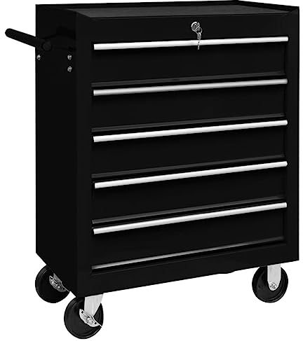 vidaXL Black Workshop Tool Trolley - 5-Drawer, Lockable, Mobile, Robust Steel Construction with Anti-Slip Lining