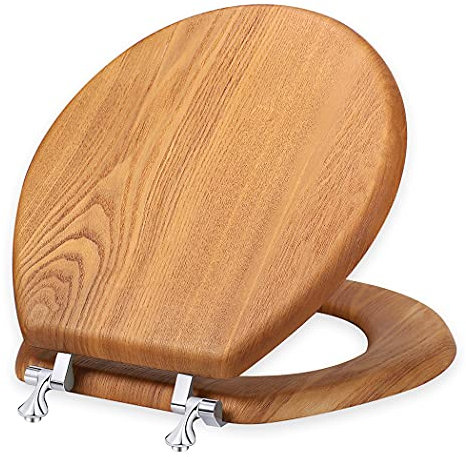 Toilet Seat Round Wood Natural Veneer with Metal Hinges, Easy Clean, Strong Chrome Hinges (Round, Wood)