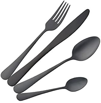 Buyer Star Besteckset Schwarz, Edelstahl 16-teiliges Besteckset Messer und Gabeln Geschirrservice für 4 Personen
