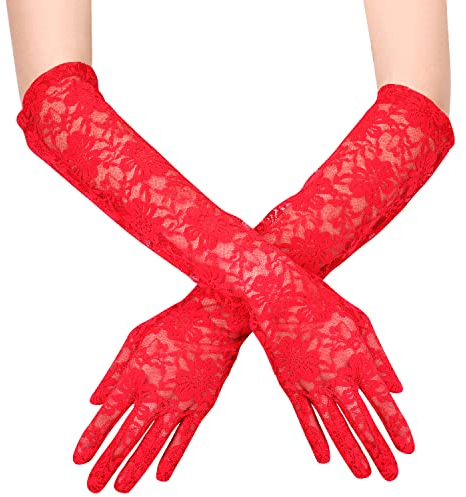 KINBOM Lange Spitzenhandschuhe, Brauthandschuhe für Hochzeit Blumen Spitzenhandschuhe für Damen Teeparty Kostüme der 1920er Jahre Abschlussball Maskerade, Ein Paar, Länge 44cm (Rot)