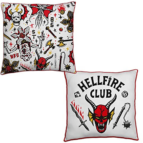 Stranger Things Cojín Cuadrado con Licencia Oficial | Súper Suave Reversible de 2 Lados, diseño del Logotipo del Hellfire Club Cualquier Dormitorio, sofá o en la Cama
