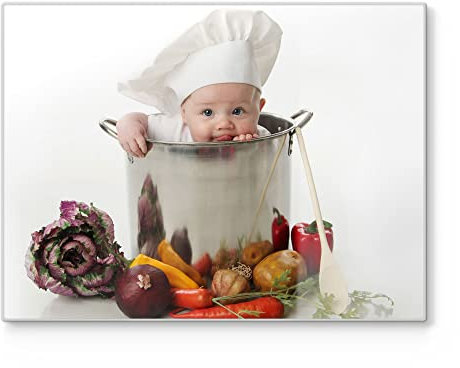 DEQORI Schneidebrett aus Glas | groß 40x30 cm | Motiv Baby im Kochtopf | Design Schneideplatte für Küche | Frühstücksbrett antibakteriell & rutschfest | Glasplatte & Servierplatte