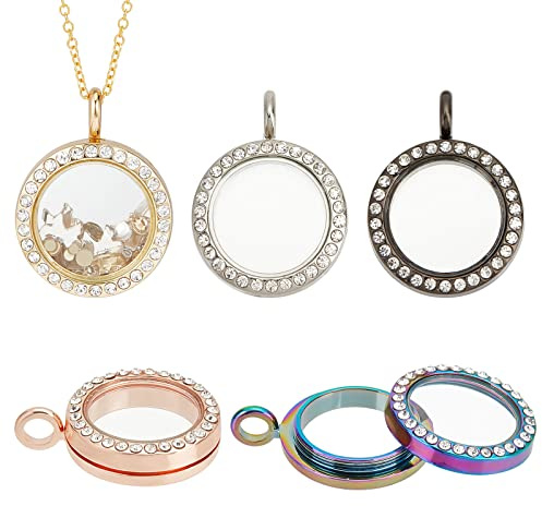 PandaHall 5 Farben Strass-Foto-Charms 1 Bilderrahmen-Charms Runder Kristall-Foto-Anhänger Memory Medaillon-Charm Für Valentinstag, Hochzeit, Brautstrauß, Schlüsselanhänger, Schmuckherstellung