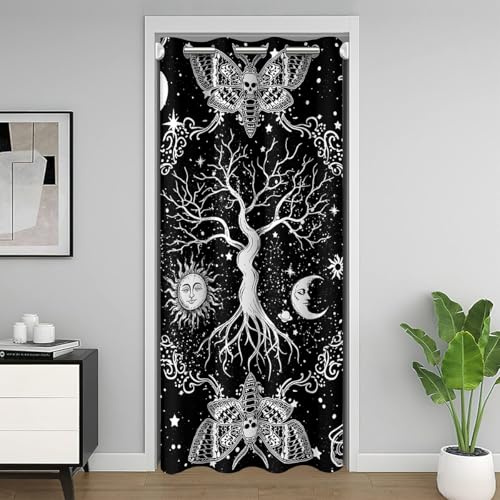 Erosebridal Sun Moon Doorway Curtain, Tree of Life Door Curtain Gothic Moth Blackout Curtain Sugar Skull Trippy Glitter Stars Door Drape, Bohemian Constellations Bedroom Decor 1 Panel, 52 W X 80 L