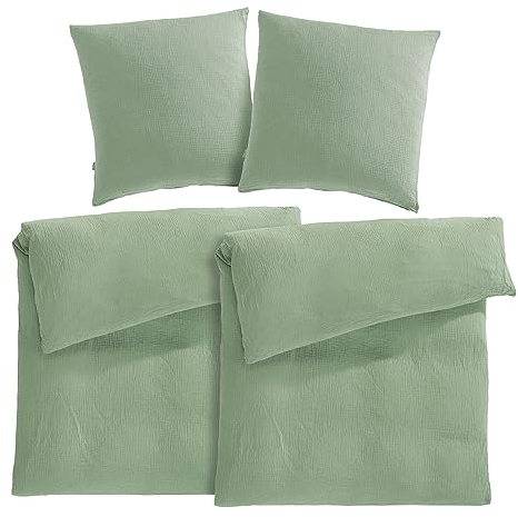 Pure Label Musselin Bettwäsche 155x220 4-teilig bestehend aus Bettbezug 155 x 220 cm 2er Set, Kissenbezug 80x80 cm 2er Set aus Baumwolle - Traumhaft kuschelige Bettwäsche-Sets in grün