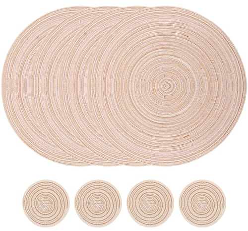 Alnicov Set di 8 tovagliette e sottobicchieri in Cotone, tovagliette Lavabili Resistenti al Calore, per Tavolo da Pranzo, Cucina, casa, per Natale Partito Cucina Beige