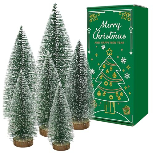Hifunwu 6 Pcs Small Christmas Trees Bottle Brush Christmas Trees Christmas Decorations, Small Christmas Pine Tree with Wooden Base for Christmas Table Decorations (6 Size)