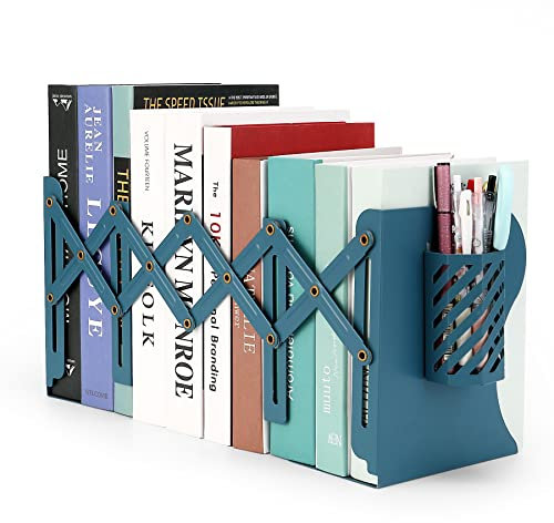 Hmseng Métal Serre-Livres Extensible, Réglable Flexible Magazine File Support Extensible jusqu'à 19，pour Cuisine, Bureau, Ecole, Bibliothèque pour Enfants -Bleu