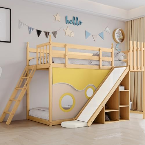 Litera Para 2 Niños Cama Alta Con Escaleras Y Vallas Cama Infantil Con Cortina Tobogán Y Estante Cama Alta 90x200 Estructura De Pino Cama Con Protección Contra Caídas Rejilla Cama En El Suelo Natural