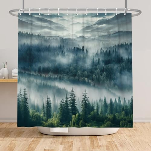 Bovlleetd Rideau de Douche forêt brumeuse Naturel Brumeux Paysage de Montagne Rideau de Douche pour Salle de Bain Arbres Vert foncé Paysage Rideau de Douche Tissu imperméable 183x183cm