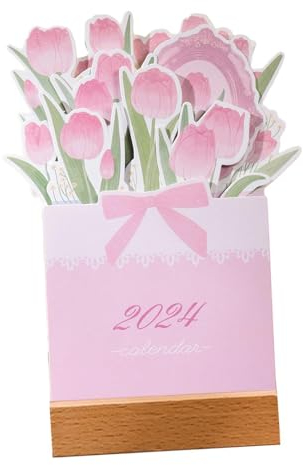 harayaa Tischkalender 2024 mit Holzsockel, Tagesplaner, Monatskalender für Bauernhaus Heimdekoration, Hell-Pink