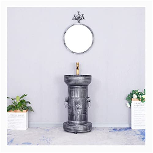 WASHLA Meuble de Rangement pour lavabo sur Colonne en métal de Style Industriel rétro, Meuble de lavabo avec Robinet Miroir, lavabo sur Pied 87 * 43 * 46 cm pour Bar,