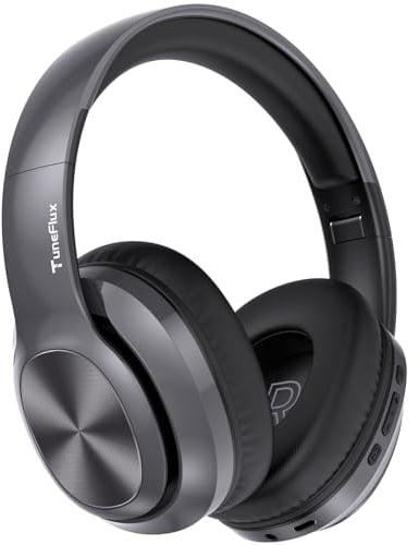 TuneFlux Bluetooth Kopfhörer Over Ear, 80 Std Akkulaufzeit, Kabellos Bluetooth Kopfhörer mit 3 EQ-Modi, HiFi-Stereo, Eingebautes Mikrofon, Faltbares Wireless Kopfhörer-Metallic
