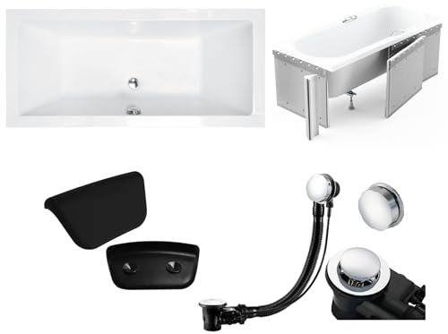 KOLMAN KOMPLETTSET 5in1 Acryl Weiß Wanne Badewanne Rechteck 165x75 cm QUADRO Made in EU + Styroporverkleidung + Badkissen KODI in Schwarz, mit Premium Ablaufgarnitur in Chrom & Wannenfüße