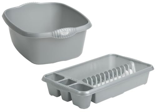 VISHCHIT (Set Of 2) 39cm Silver Rectangular High Grade Plastic Washing Up Bowl With Stylish Medium Dish Drainer Plate Rack Draining Board Tray Stand Sink Holder Organiser Kitchen Home And Restaurants