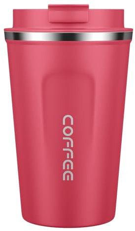 MOMSIV Coffee Cup, 380ml Vacuum Reusable Leakproof Double Wall Coffee Cup, Insulation Stainless Steel Eco-Friendly Travel Office Mug for Hot Coffee Tea and Cold Drinks, Rose-red