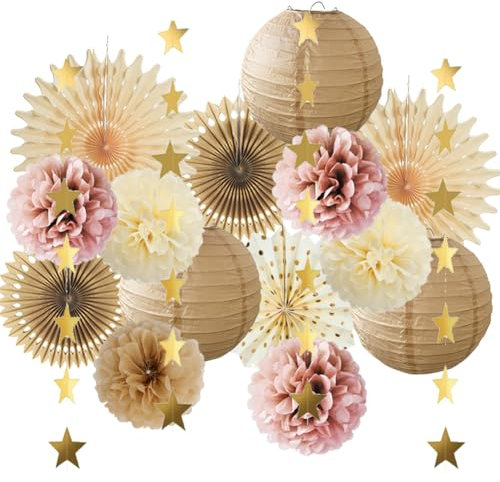 Party Deko Beige Rosa Braun Party Deko Beige Boho Geburtstag Altrosa Beige Boho Rosa Babyparty Mädchen Neutral Hochzeit Vintage Papierfacher Papierlaternen Pompons Altrosa Kit