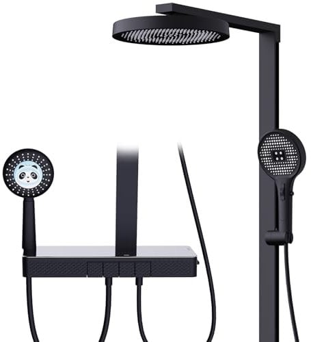 HOMELODY Système de douche avec thermostat, étagère en verre de 400 mm avec douchette enfant, douche à effet pluie avec robinet, ensemble de douche 4 en 1, douchette et bec verseur - Douche complète
