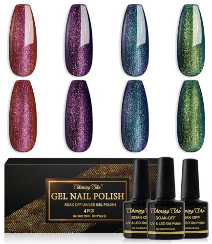 Shining She Gel Nail Polish Chameleon, 6 Colours Changing Dark Pink Purple Blue Green Glitter Nail PolishSoak-Off UV/LED Chameleon Gel Polish Set for Nail Art Salon DIY Home, 8 ML