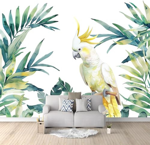 Perroquet À Feuilles Tropicales De La Jungle Papier Peint Panoramique 3D Murales 250x175 cm Blanc Murale 3D Papier Peint Intissé Poster Décoration Fond De Mur Tv Salon Papier Peint Murales