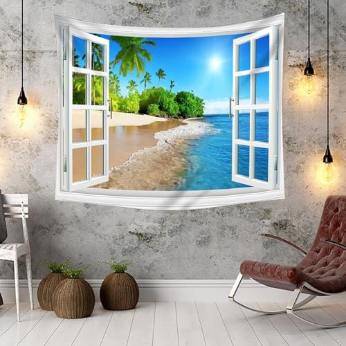 KnSam Tapisserie Blau Grün Weiß, Landschaft Natur Wandteppich Fenster Kokosnussbaum Strand Meer Wandbehang XXL Polyester Wandtücher mit Art Nature Home Dekorationen, 350x256cm