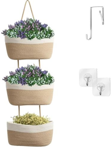 Kongming 3-Lagen Hängeorganizer Tür Organizer Leinen Wand Hängeregal aus Baumwollseil Wandorganizer Türorganizer für Badezimmer Camping (Weiß mit Hellbraun)