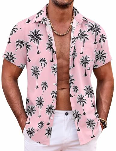 COOFANDY Hemd Herren Kurzarm Hawaii Leichtes Sommer Strand Hawaiihemd Urlaub Party Funky Hemd Rosa Schwarze Kokosnusspalme XL