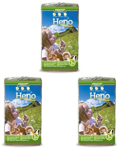 Arquivet Heno prensado para roedores y pequeños mamíferos - Hierba para roedores - Complemento alimenticio roedores - Conejos, cobayas, Hamsters, Ardillas - 1 Kg (Paquete de 3)