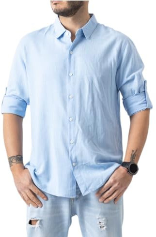 TONY BACKER Camicia da Uomo in Lino, Maniche Lunghe, Scollo a V, Stile Casual, Chiusura a Bottoni (IT, Testo, XL, Regular, Regular, Celeste)
